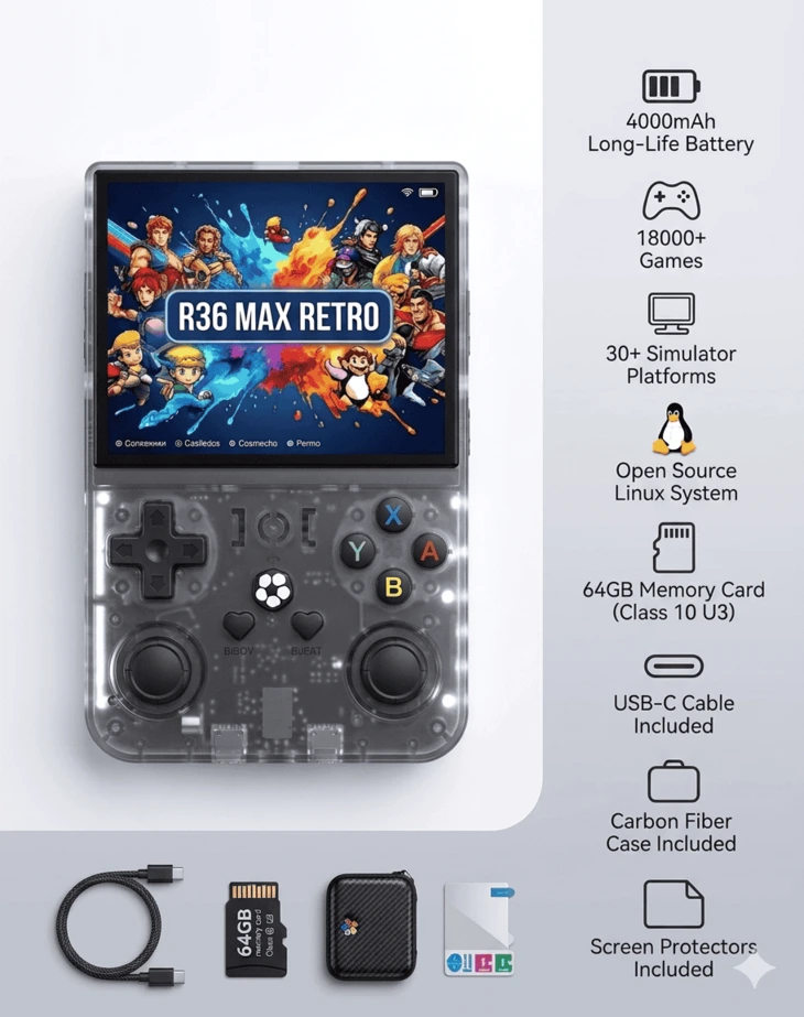 R36S retro handheld being held comfortably with dual analog sticks